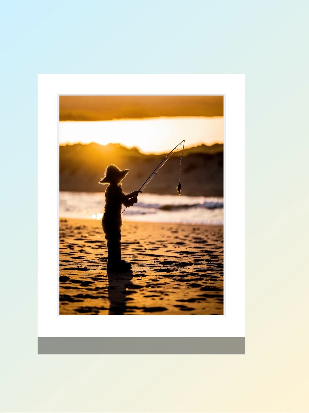 Matted Sunset Beach Fishing Art - Golden Silhouette by Joy Holder